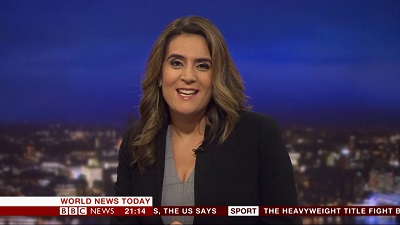  The British journalist Samantha Simmonds presents the news for BBC World News.